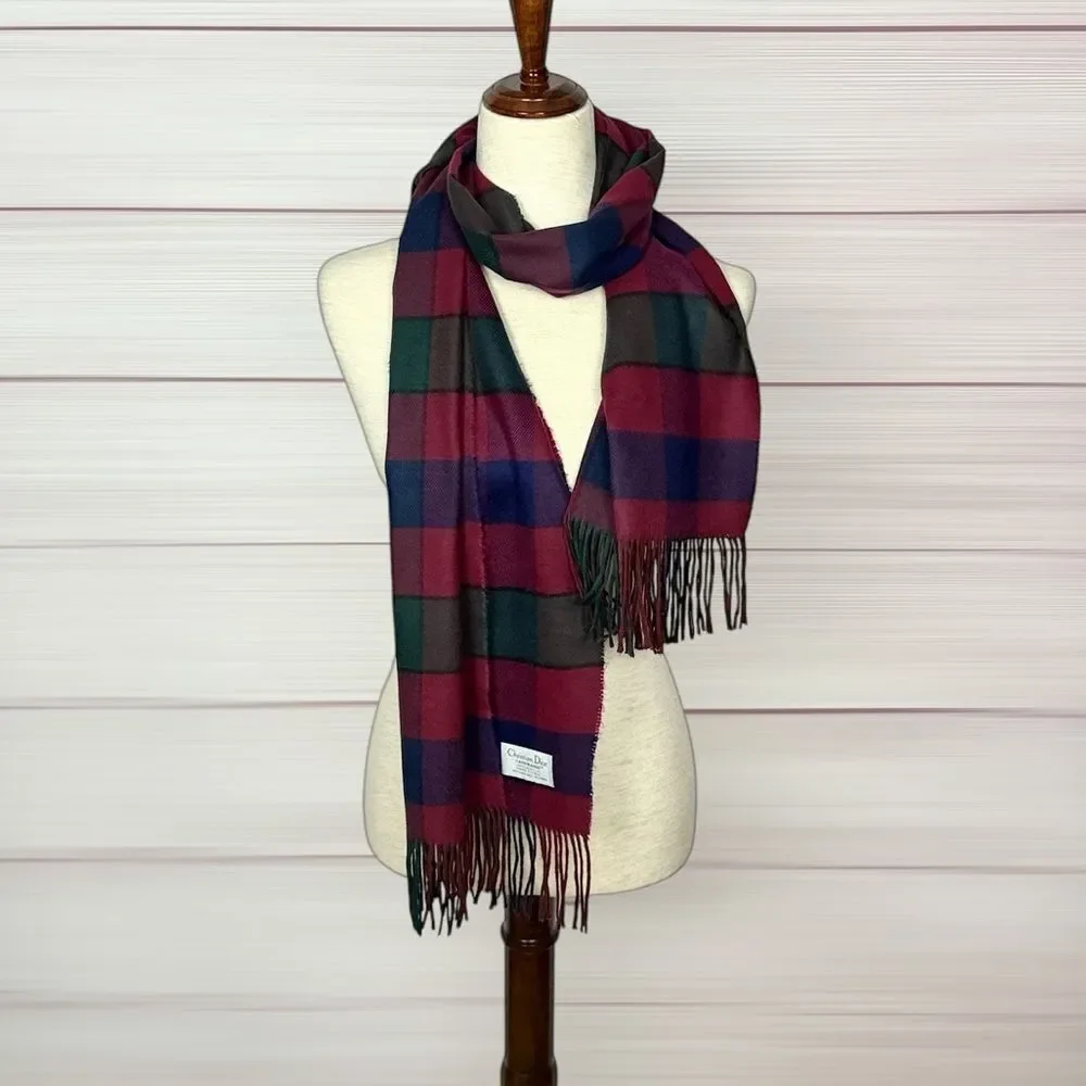 Christian Dior Cashmaire Scarf 100% Acrylic Made in Italy Plaid Fringe Vtg 80s